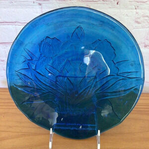 Vintage Cobalt Blue Floral Textured Glass Plate